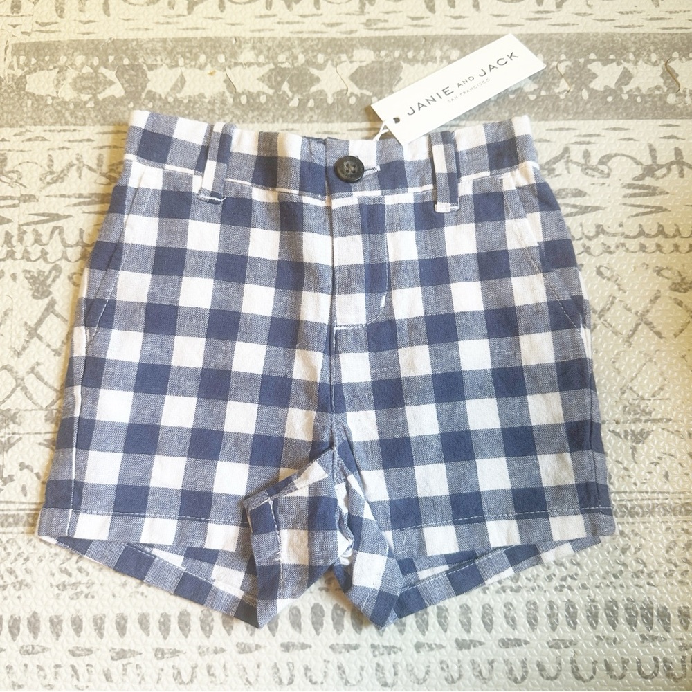 Janie and Jack Blue Buffalo Check Linen Shorts Blue White 3-6M NWT